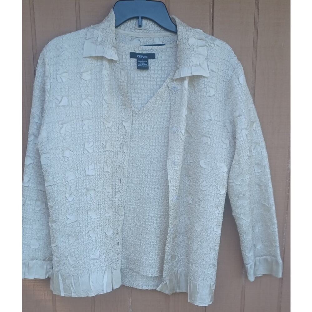 Cream Textured Jacket Blouse 2 Piece Set M L Romantic Mother Bride - Picture 2 of 13